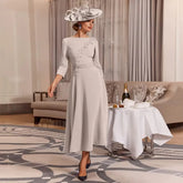 Vintage Contrast Color Navy Mother of the Bride Dresses Mid Calf Mothers Formal Dress 3/4 Sleeves Wedding Guest Gowns Boat Neck